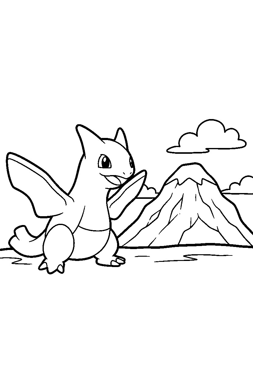lugia pokemon walking happily near a mountain line art