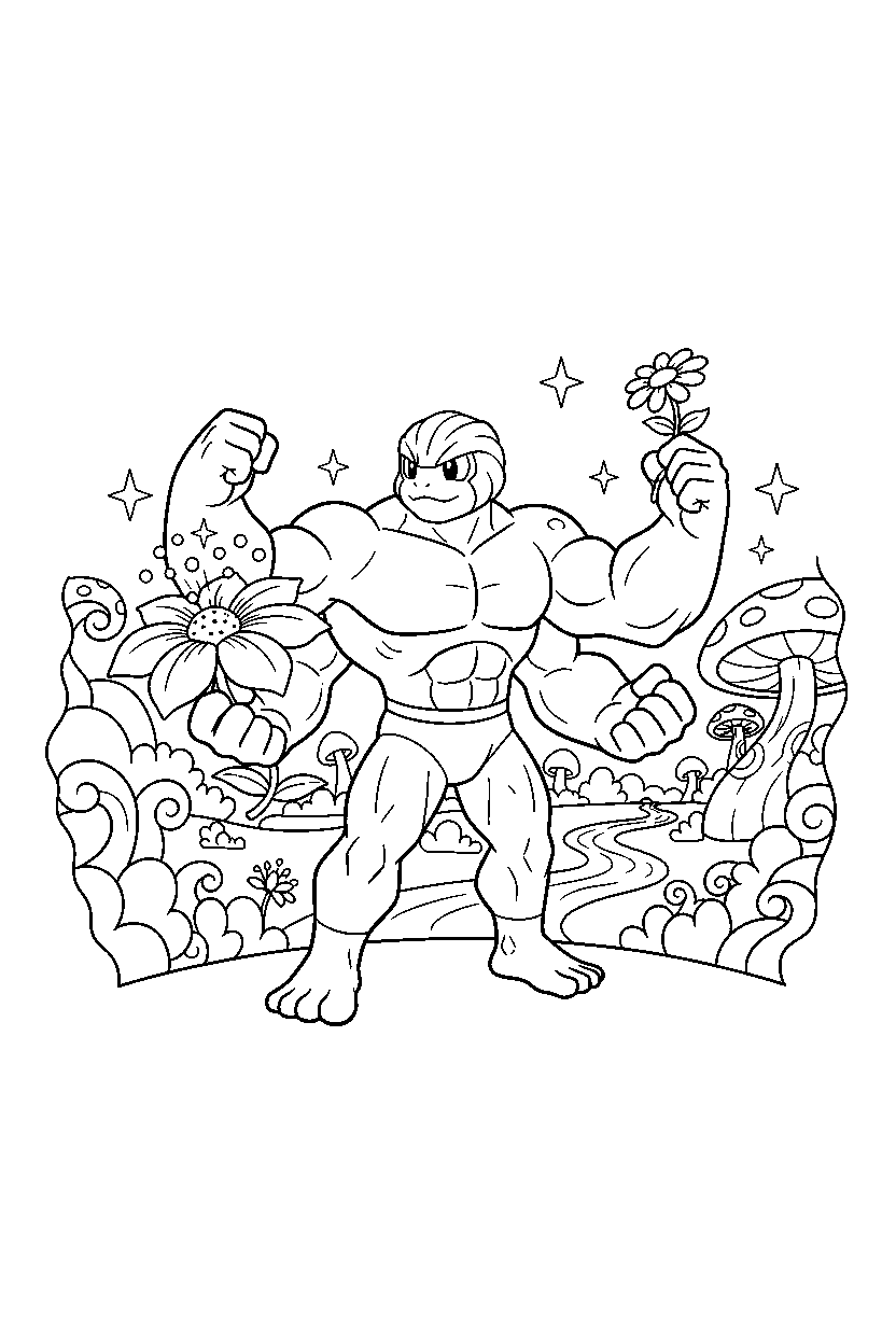 machamp pokemon holding a flower in a magical landscape line art