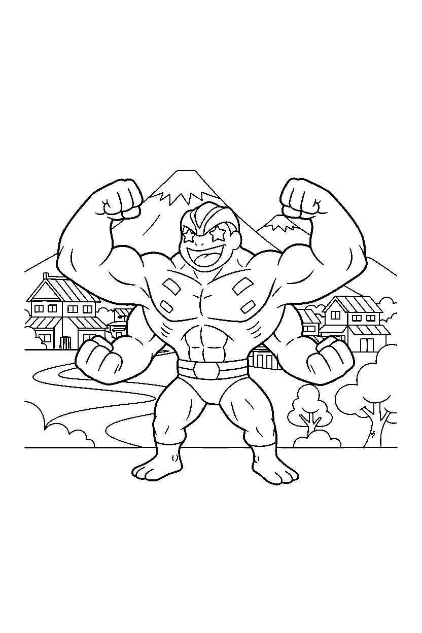 machamp pokemon looking excited in a mountain village line art