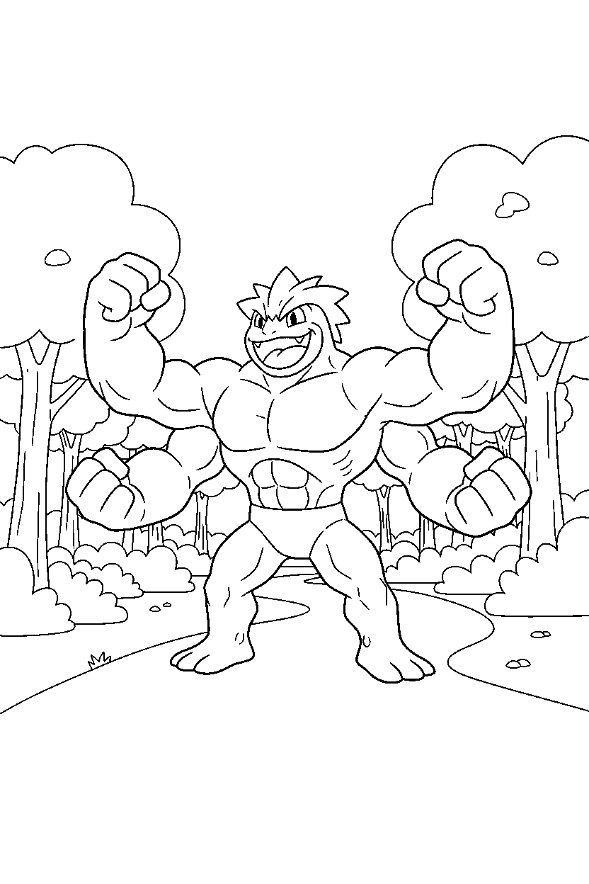 machamp pokemon smiling happily near a forest path line art