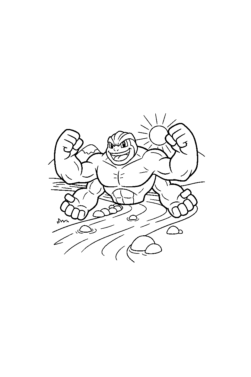 machamp pokemon smiling happily near a river line art