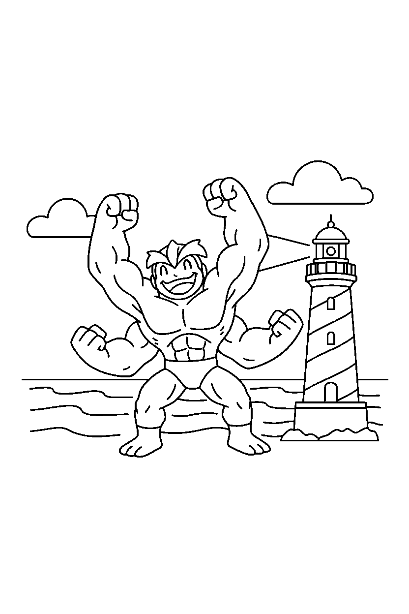 machamp pokemon stretching happily near a lighthouse line art
