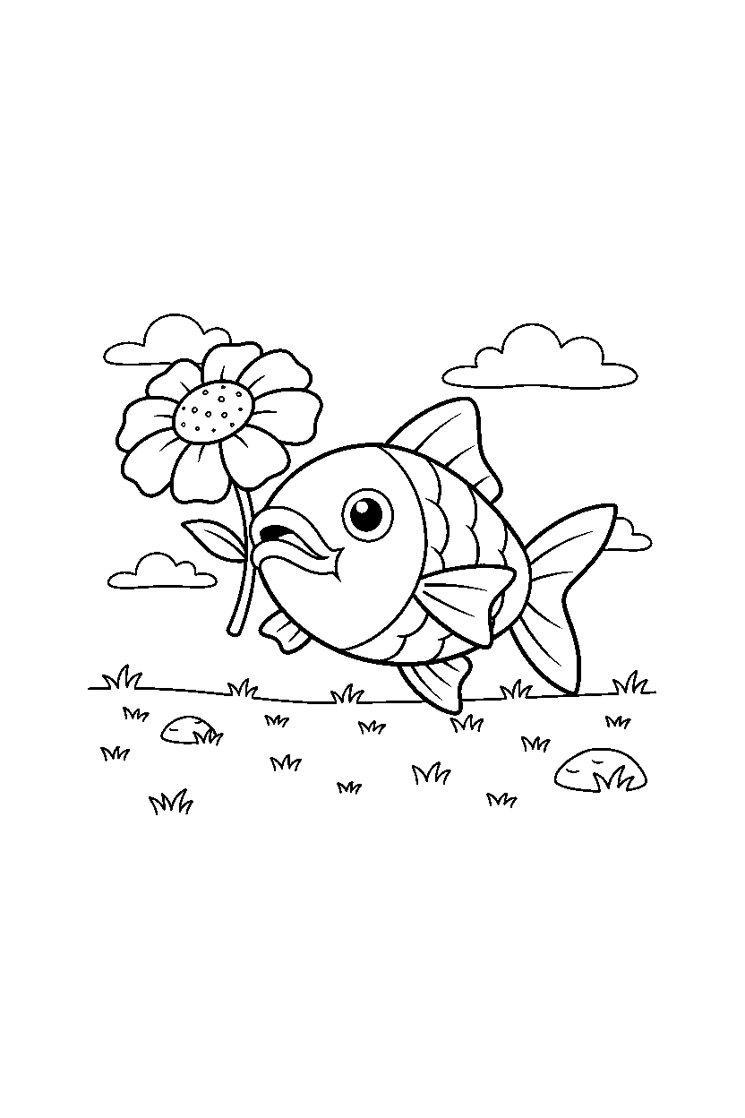 magikarp pokemon holding a flower in a grassy field line art