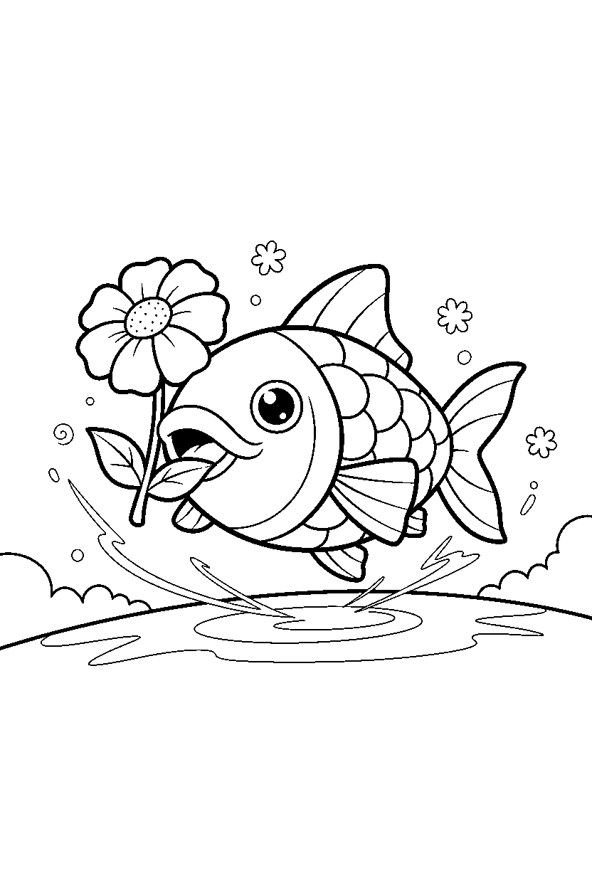 magikarp pokemon holding a flower on a glowing plain line art