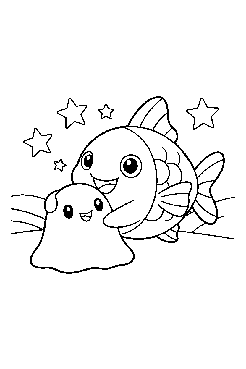 magikarp pokemon hugging a friend on a starry night field line art
