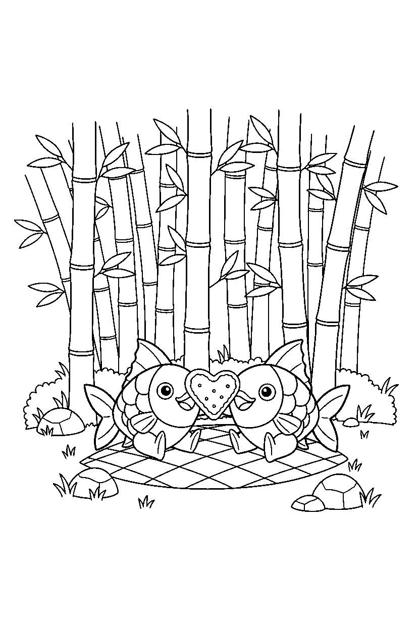 magikarp pokemon sharing a snack in a bamboo forest line art
