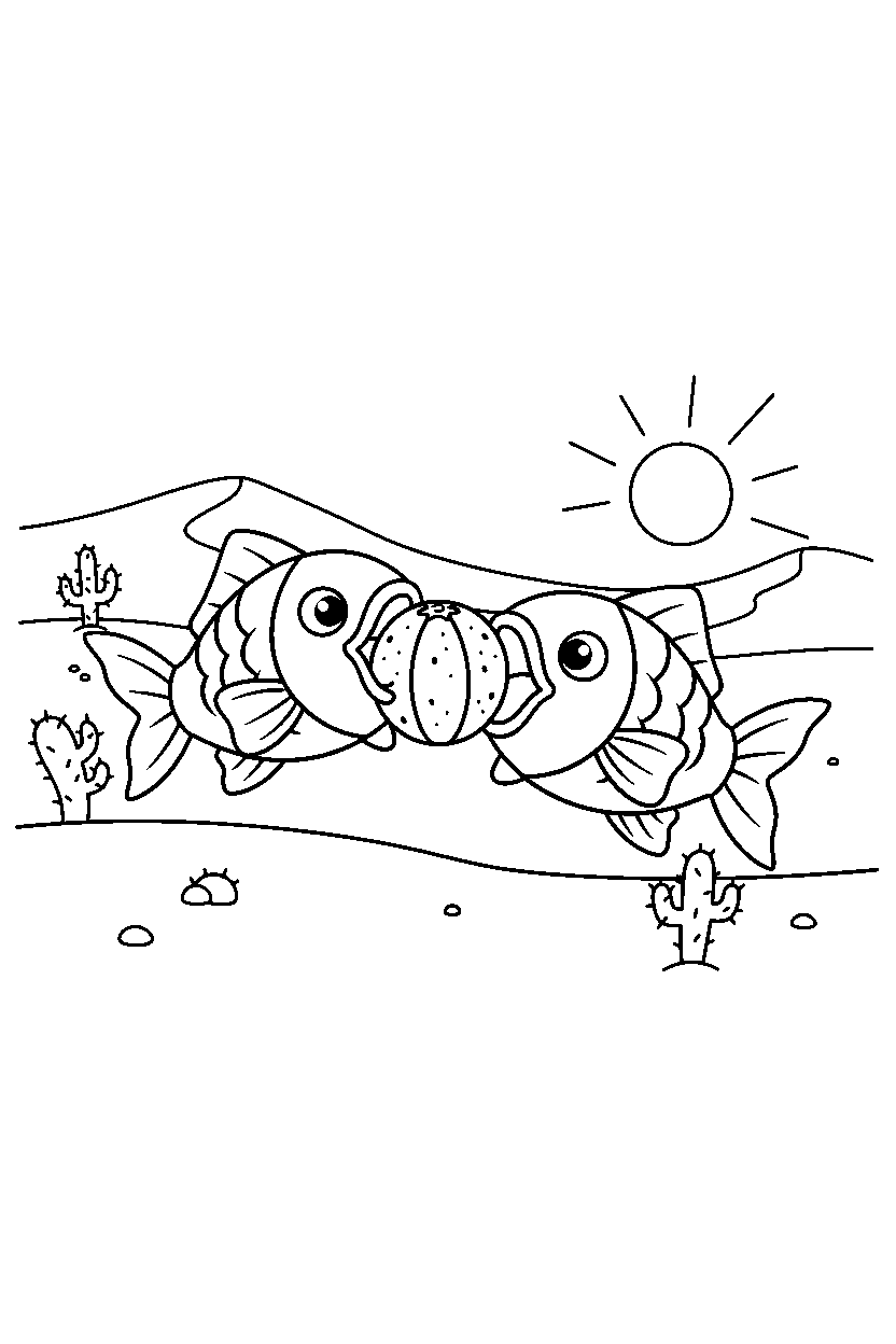magikarp pokemon sharing a snack in a desert line art