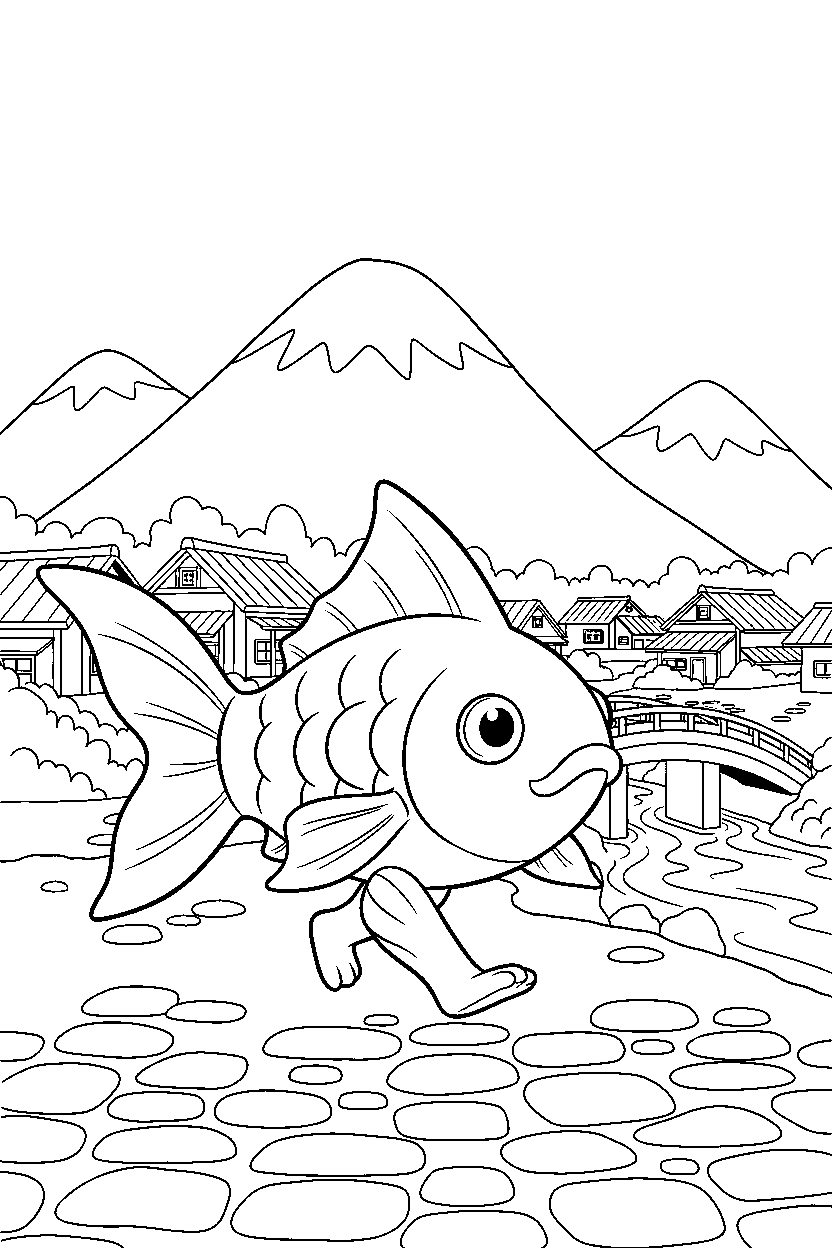 magikarp pokemon walking gently in a mountain village line art