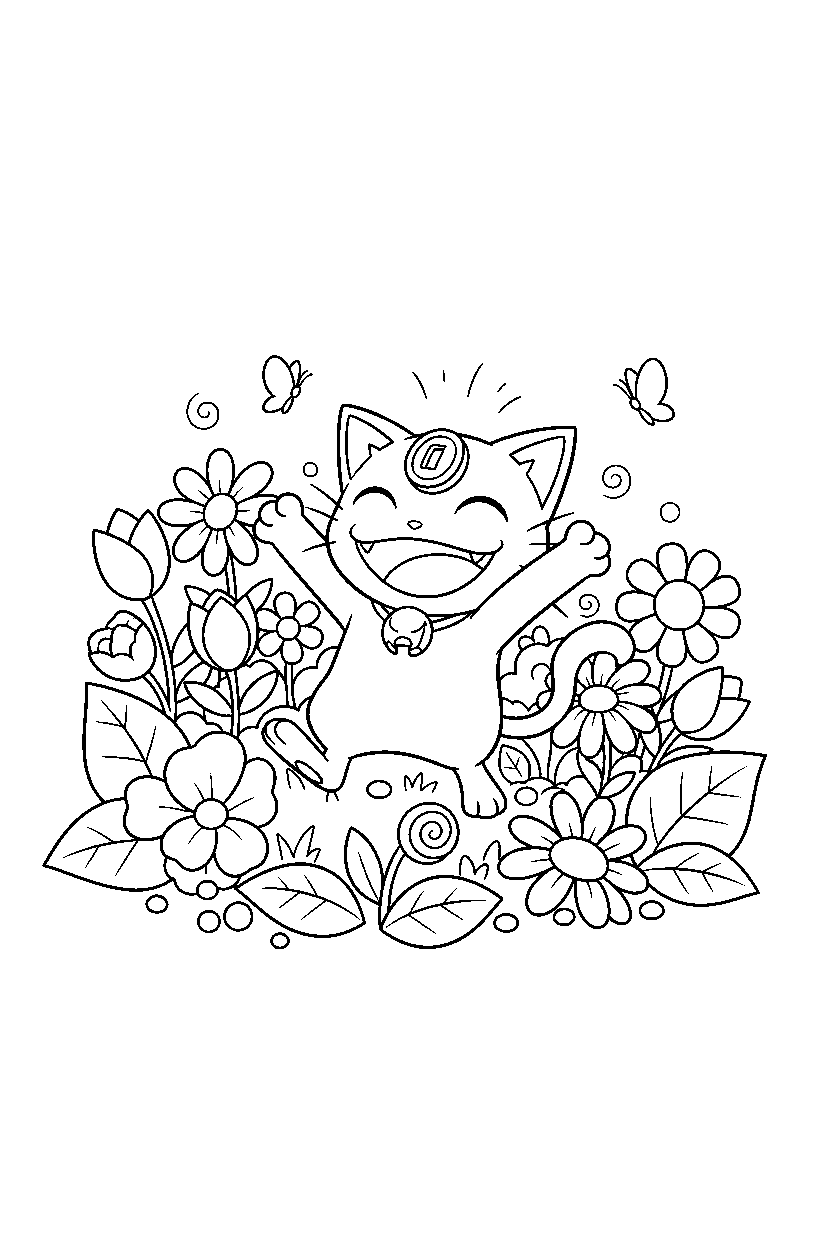 meowth pokemon celebrating happily in a flower garden line art
