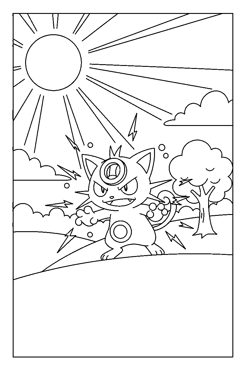 meowth pokemon charging power in a sunny countryside line art