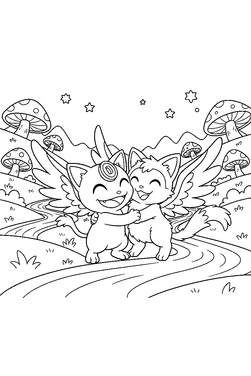 meowth pokemon hugging a friend in a magical valley line art