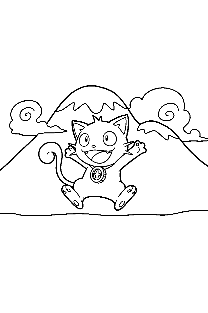 meowth pokemon jumping happily near a mountain line art