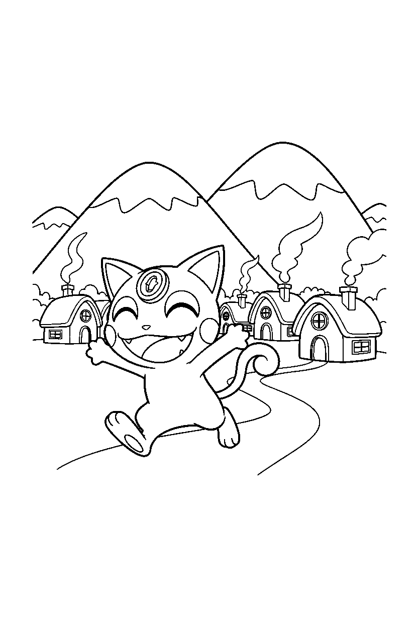 meowth pokemon running happily in a mountain village line art