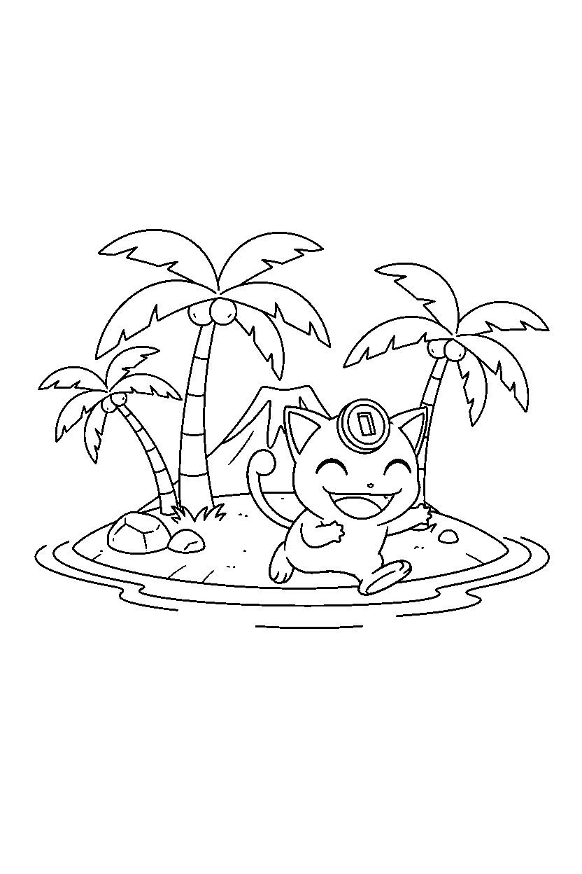 meowth pokemon running happily on a tropical island line art