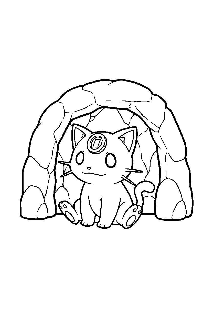 meowth pokemon sitting peacefully near a cave entrance line art
