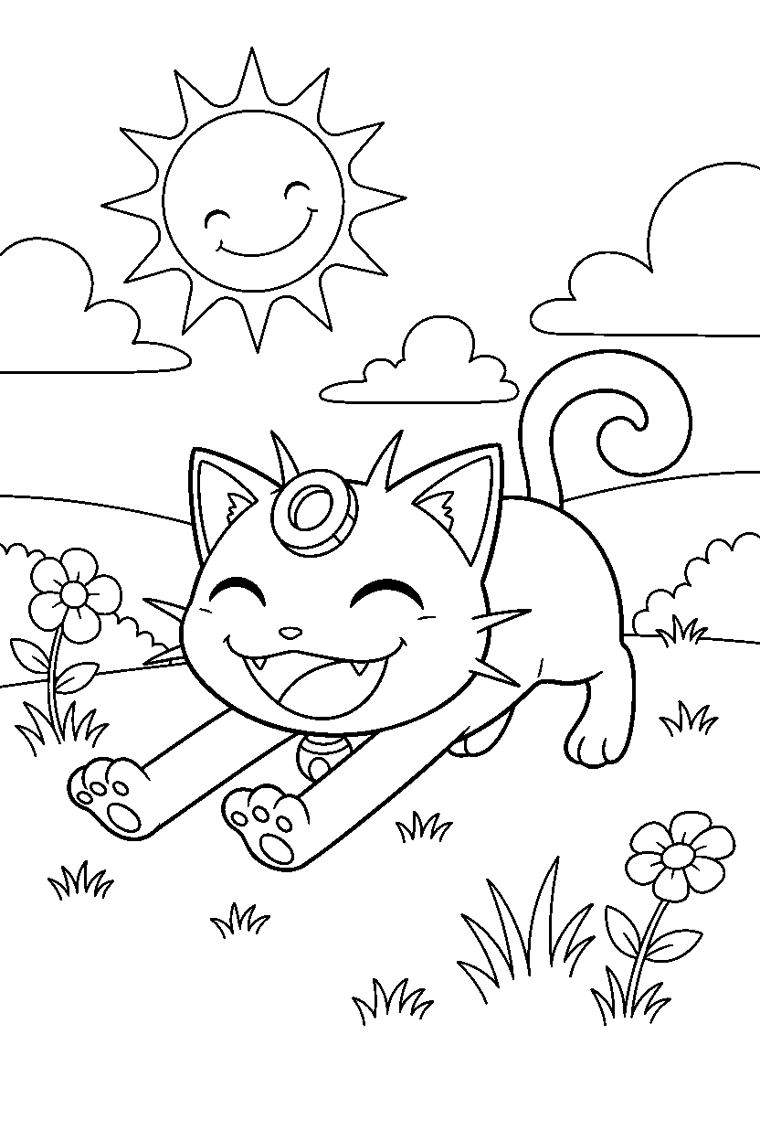 meowth pokemon stretching happily in a sunny meadow line art