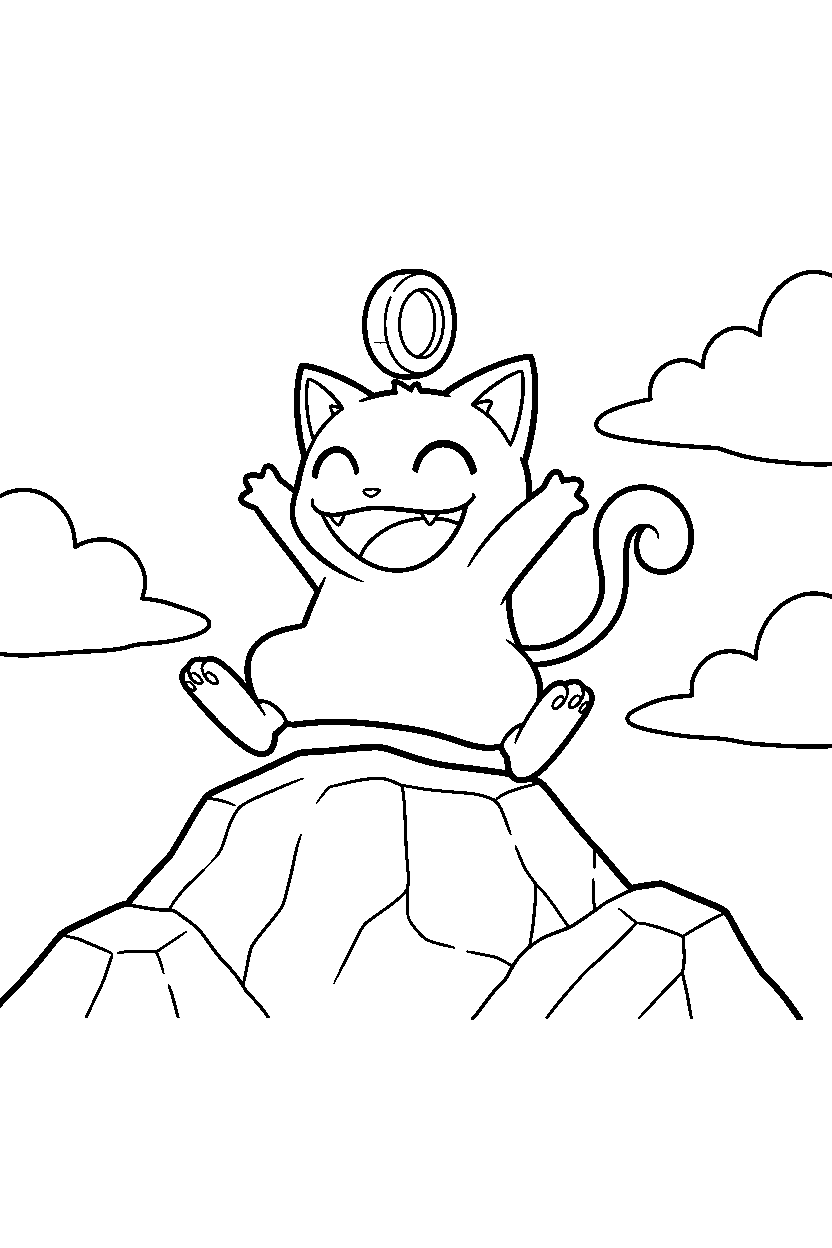 meowth pokemon stretching happily on a rocky mountain line art