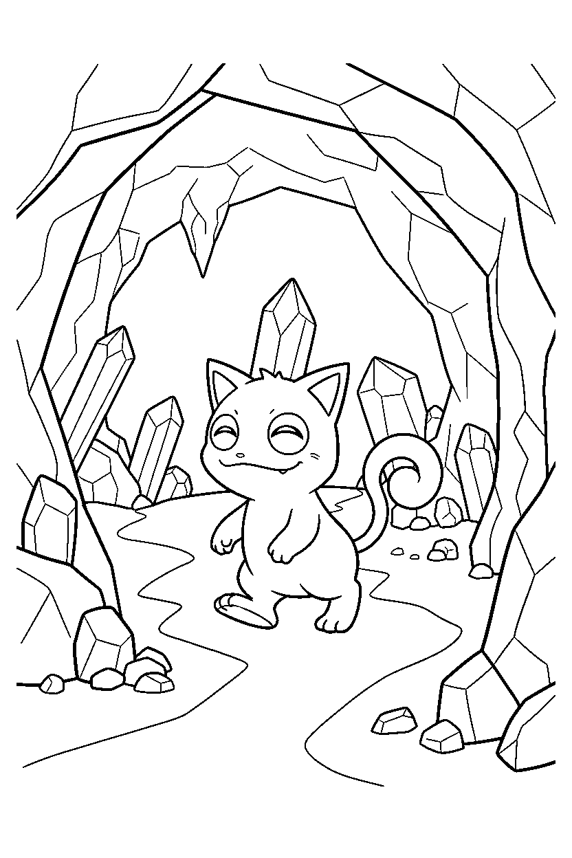 meowth pokemon walking gently inside a crystal cave line art