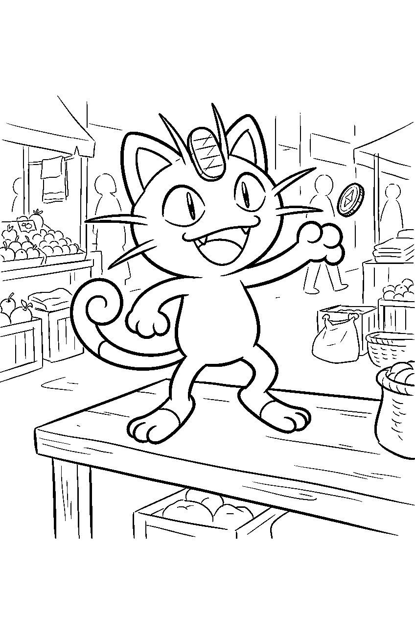 meowth reaching for a shiny coin in a busy city market line art