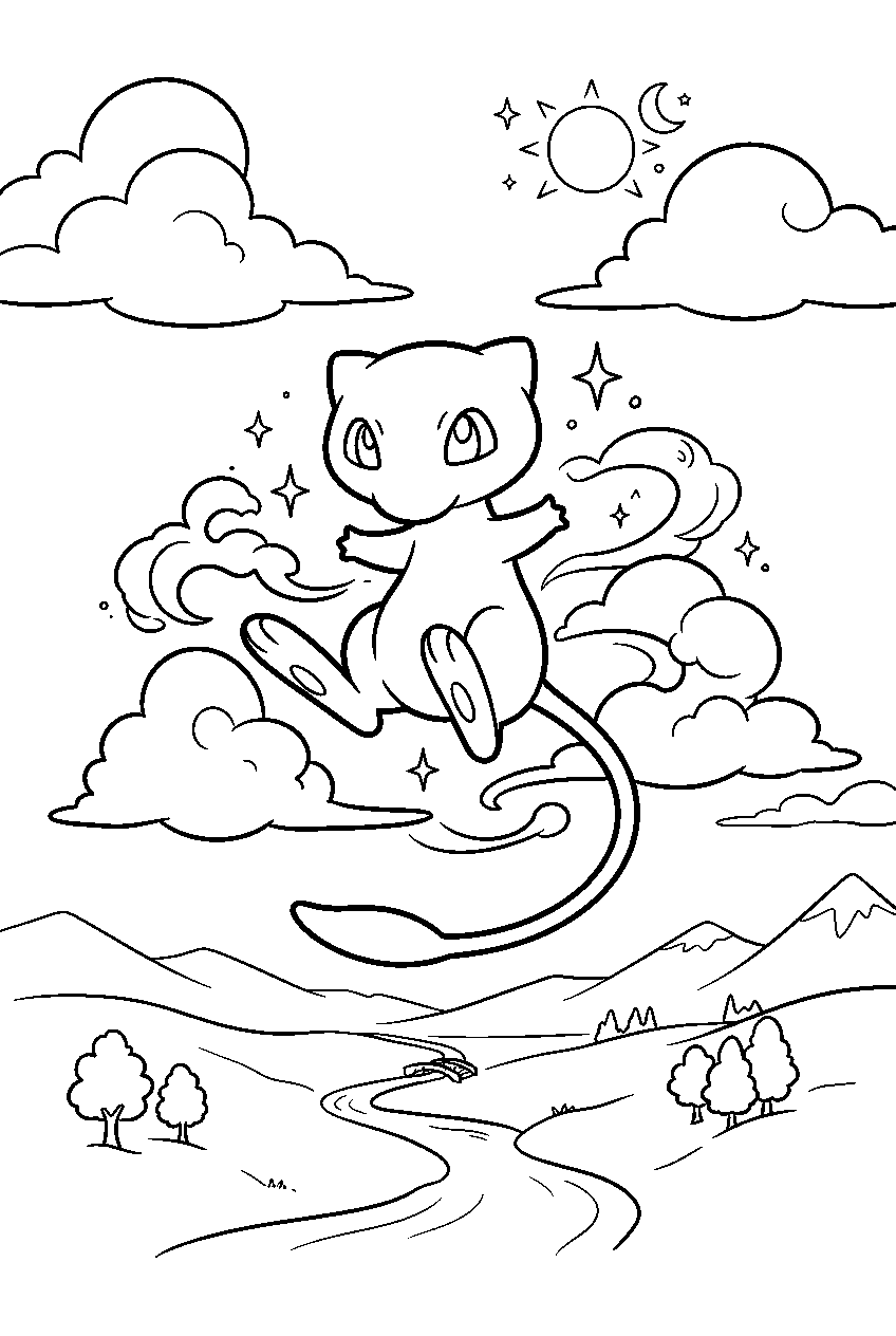 mew floating among clouds above a peaceful valley line art