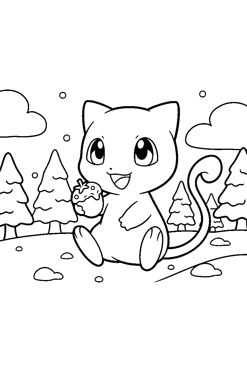 mew pokemon holding a berry in a snowy field line art