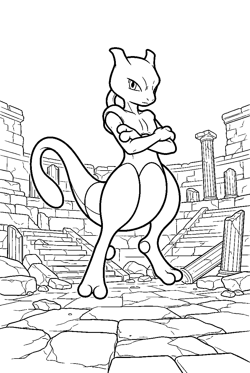 mewtwo levitating above an ancient stone arena line art