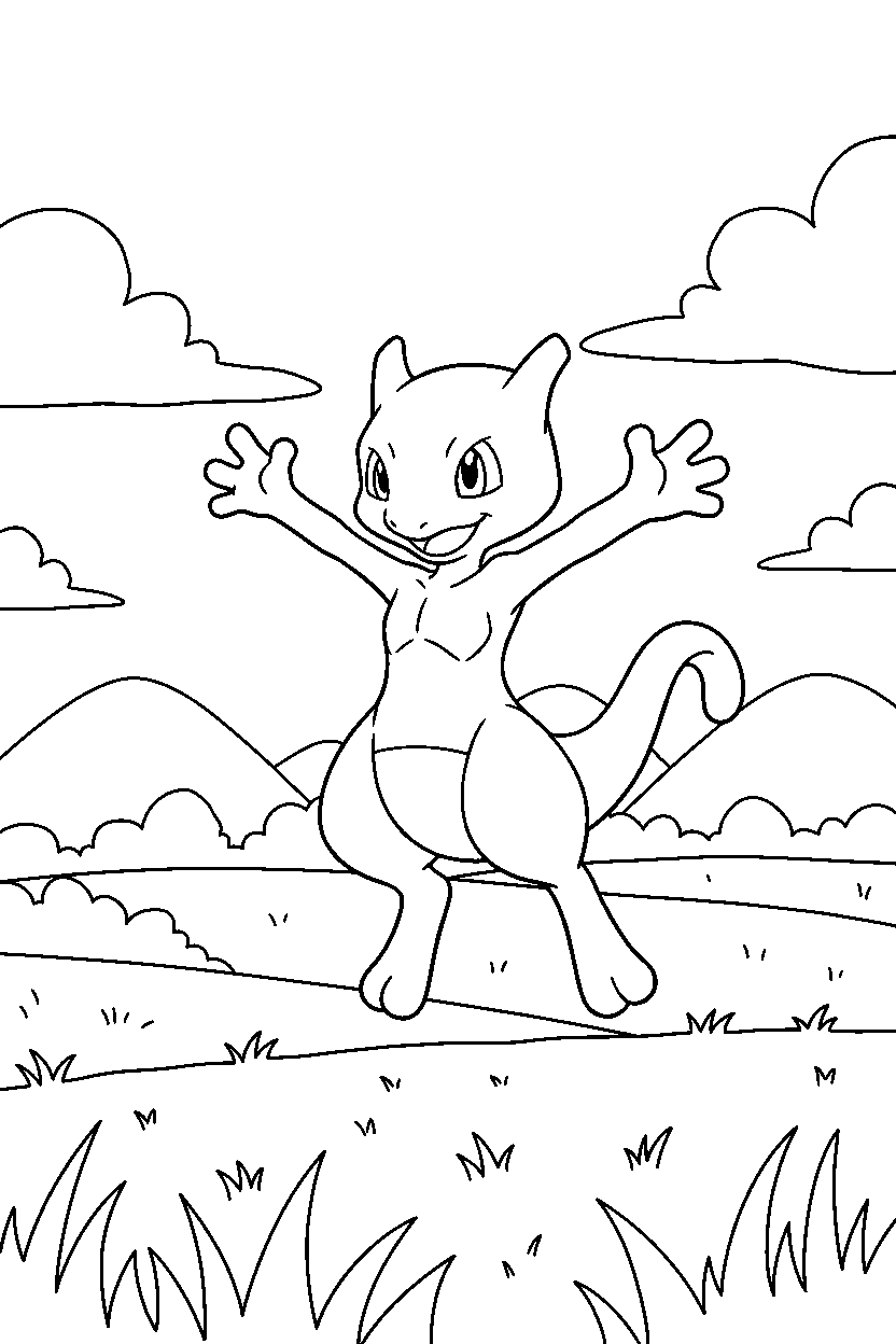 mewtwo pokemon celebrating happily in a countryside field line art