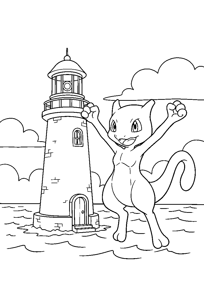 mewtwo pokemon celebrating happily near a lighthouse line art