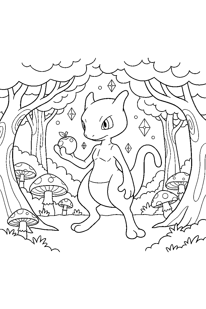 mewtwo pokemon holding a berry in a magic forest line art