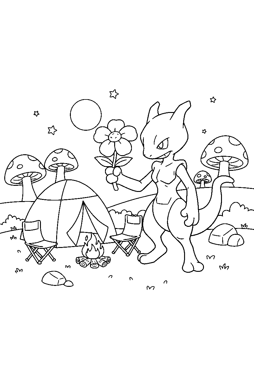 mewtwo pokemon holding a flower near a trainer camp line art