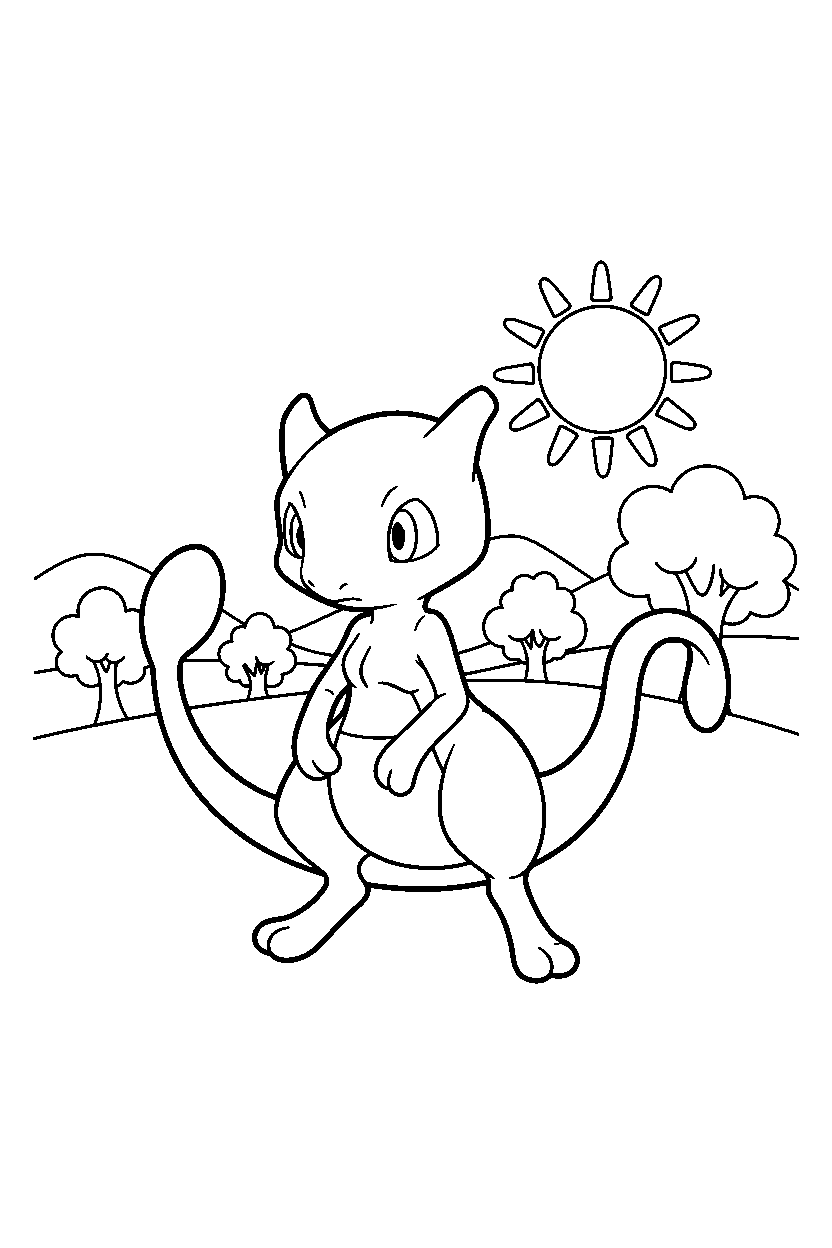 mewtwo pokemon looking curious in a sunny countryside line art