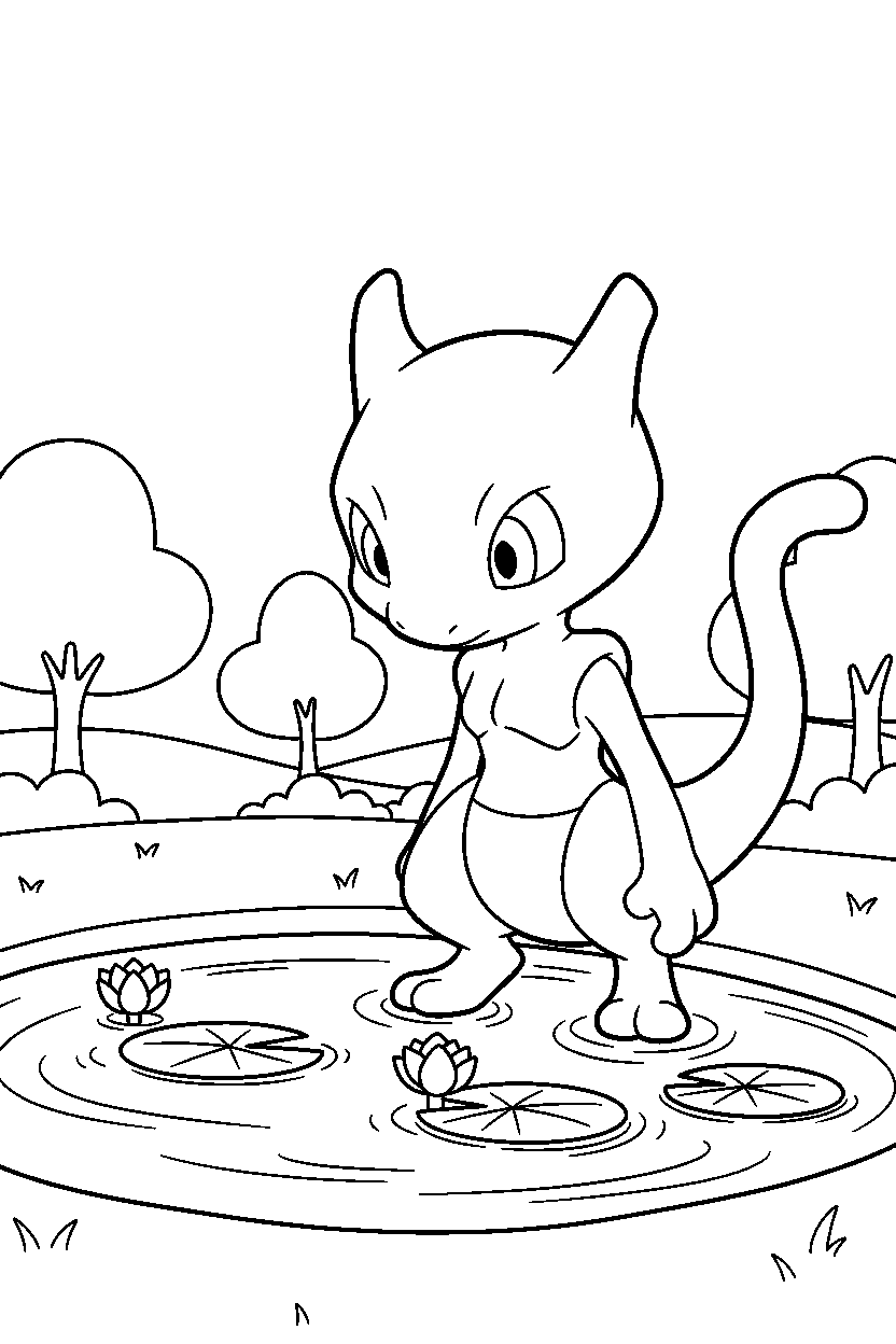 mewtwo pokemon looking curious near a peaceful pond line art