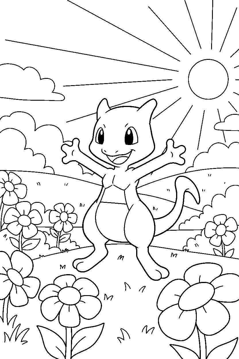 mewtwo pokemon looking happy in a sunny meadow line art