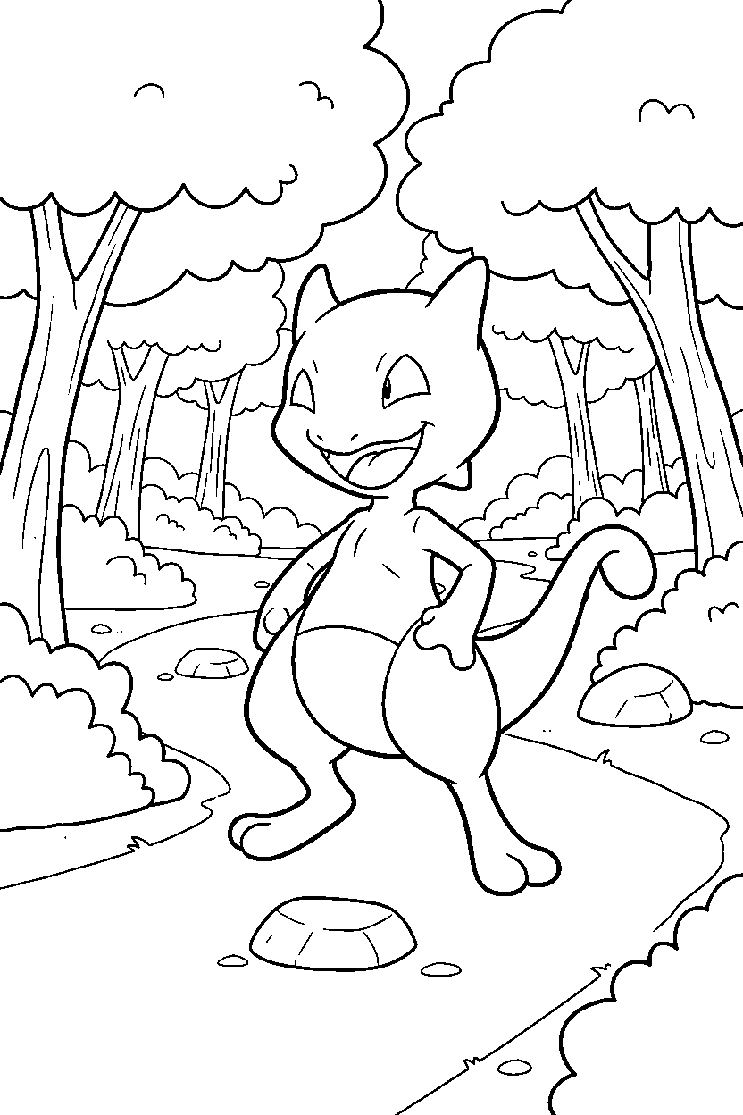 mewtwo pokemon looking happy near a forest path line art