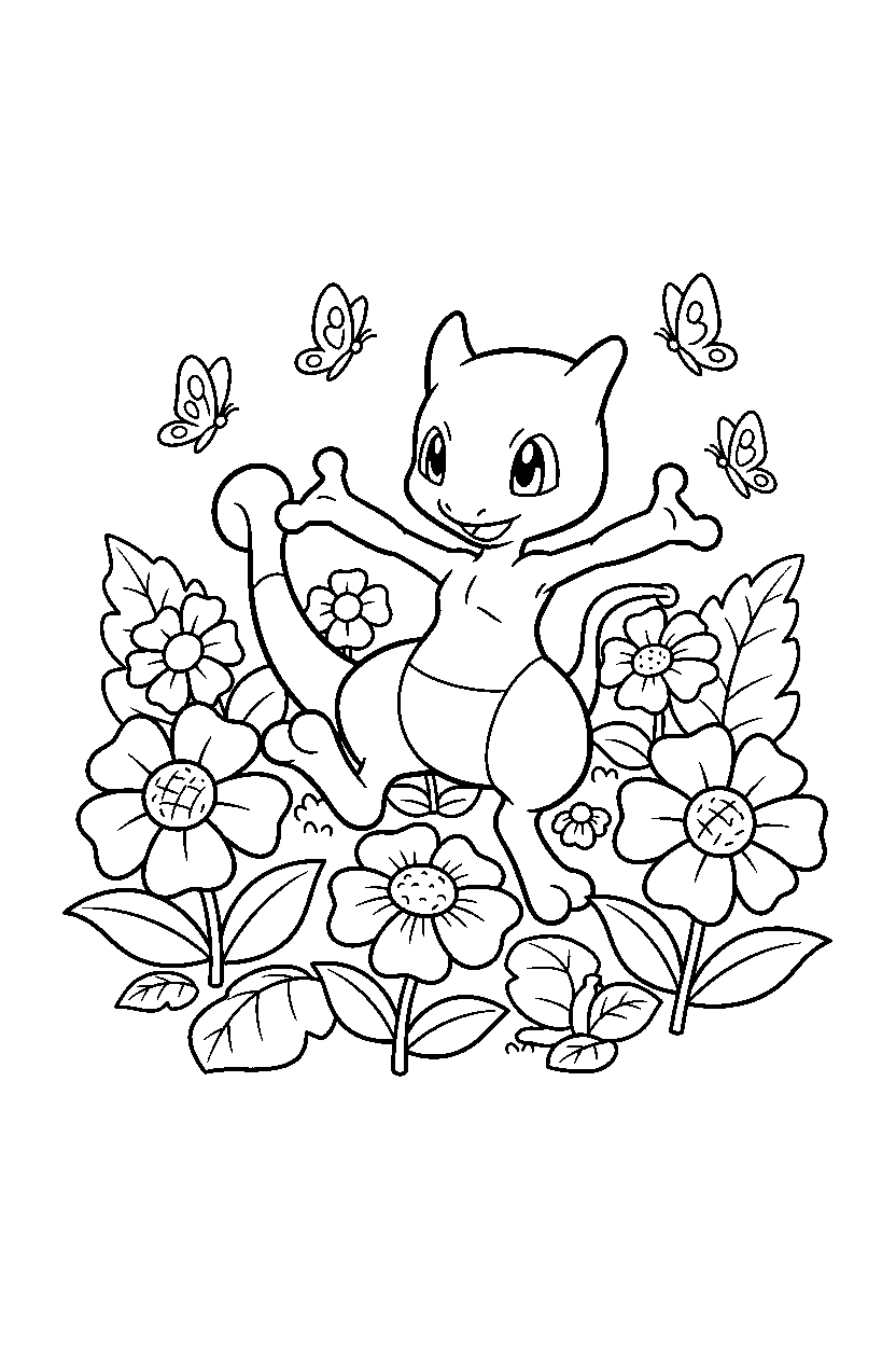 mewtwo pokemon playing happily in a flower garden line art