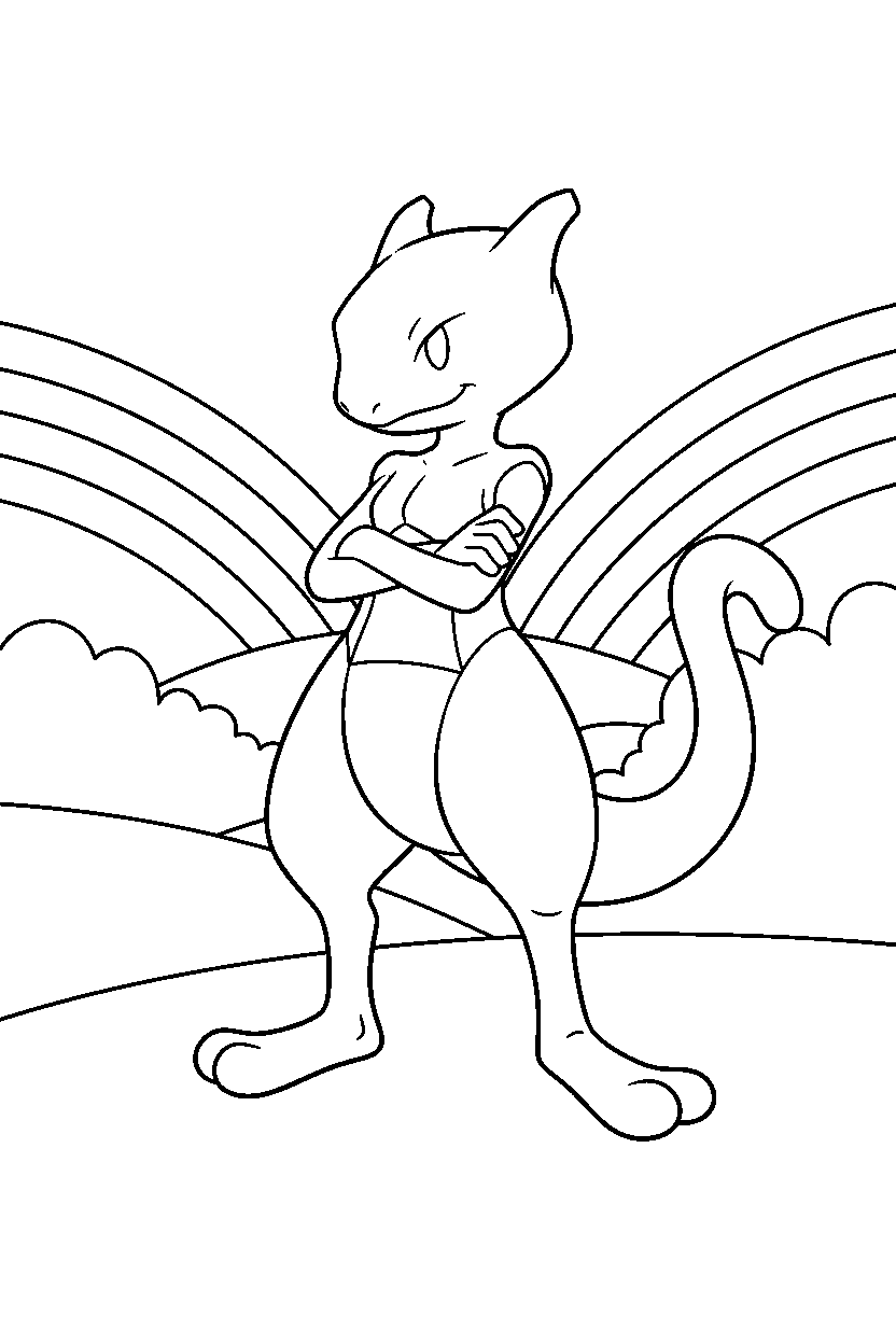 mewtwo pokemon posing proudly in a rainbow valley line art