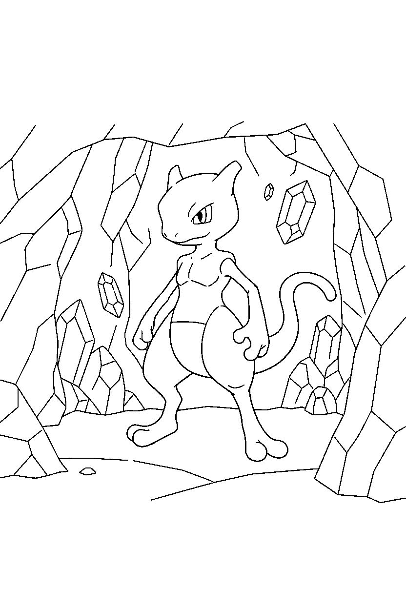 mewtwo pokemon posing proudly inside a crystal cave line art
