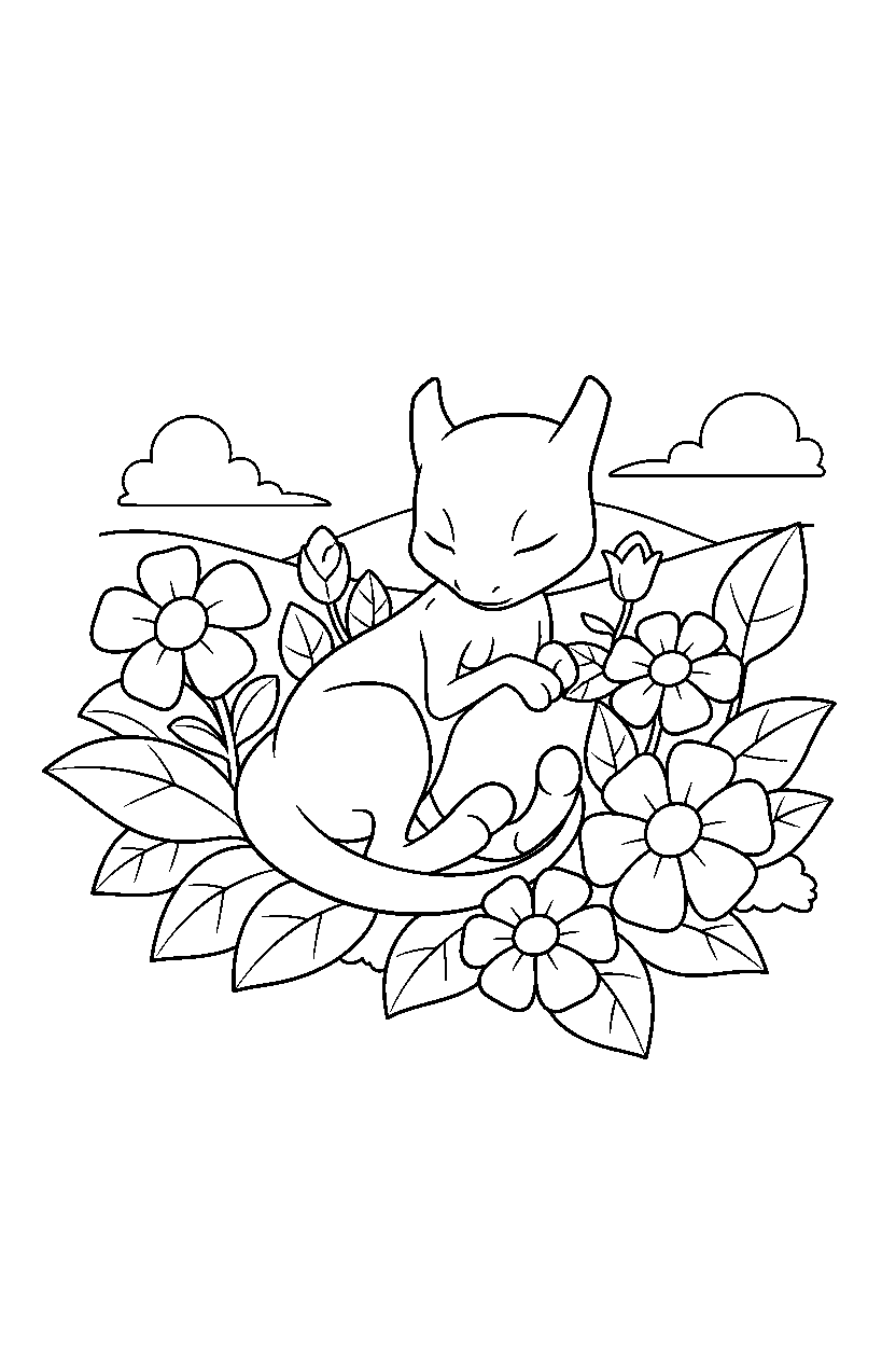 mewtwo pokemon resting peacefully in a flower garden line art