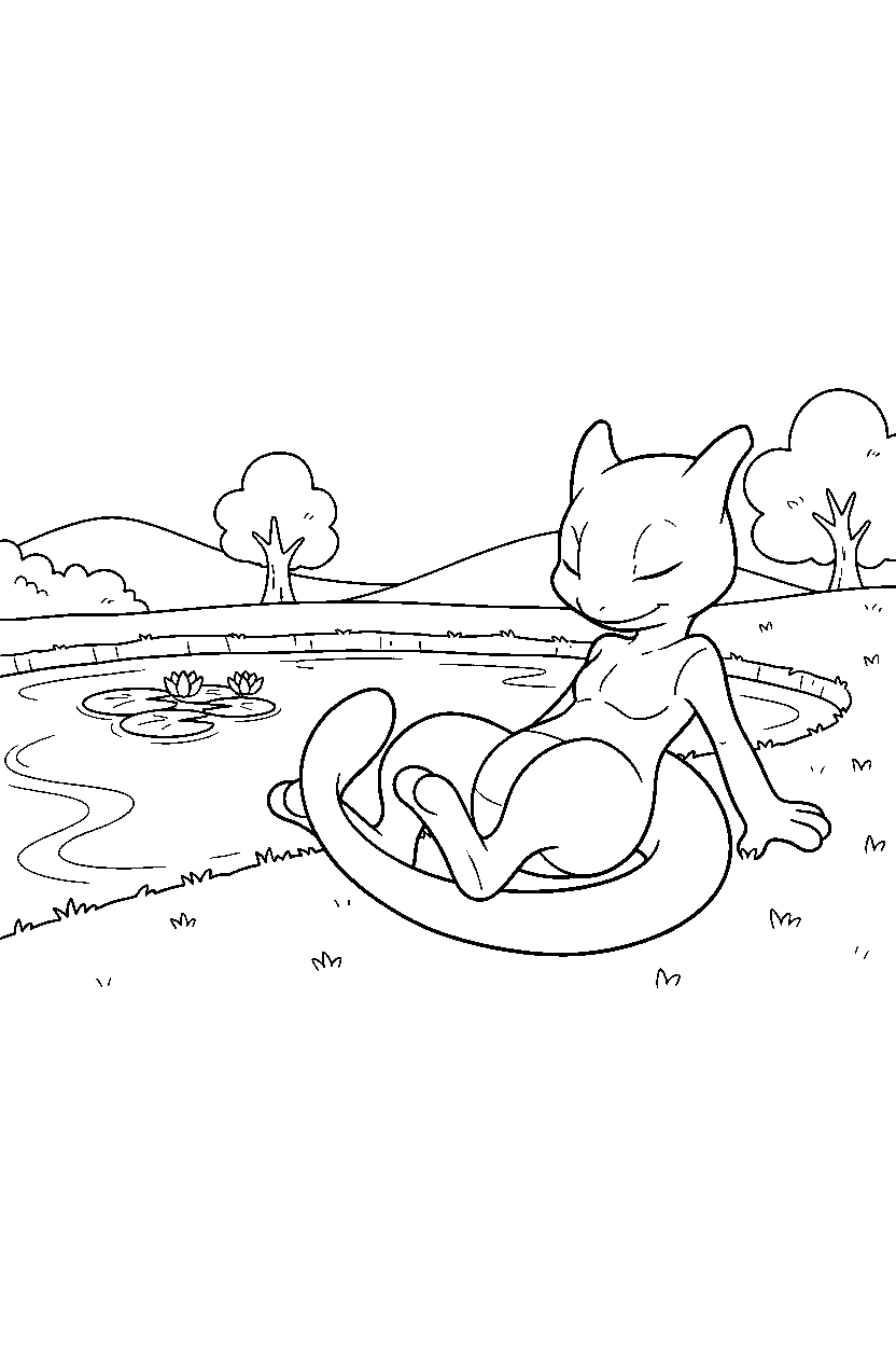 mewtwo pokemon resting peacefully near a peaceful pond line art