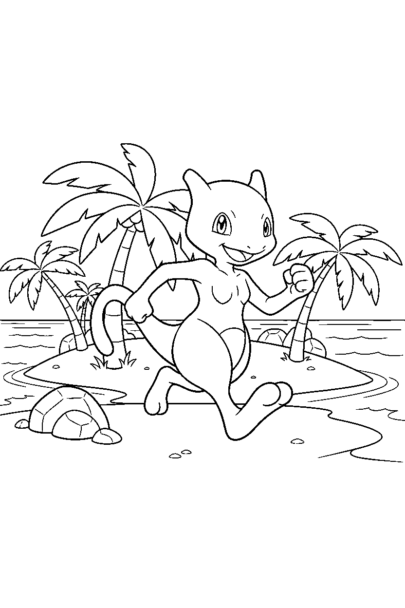 mewtwo pokemon running happily on a tropical island line art