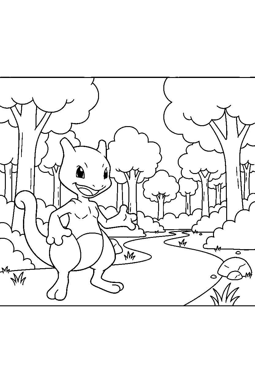 mewtwo pokemon smiling happily near a forest path line art