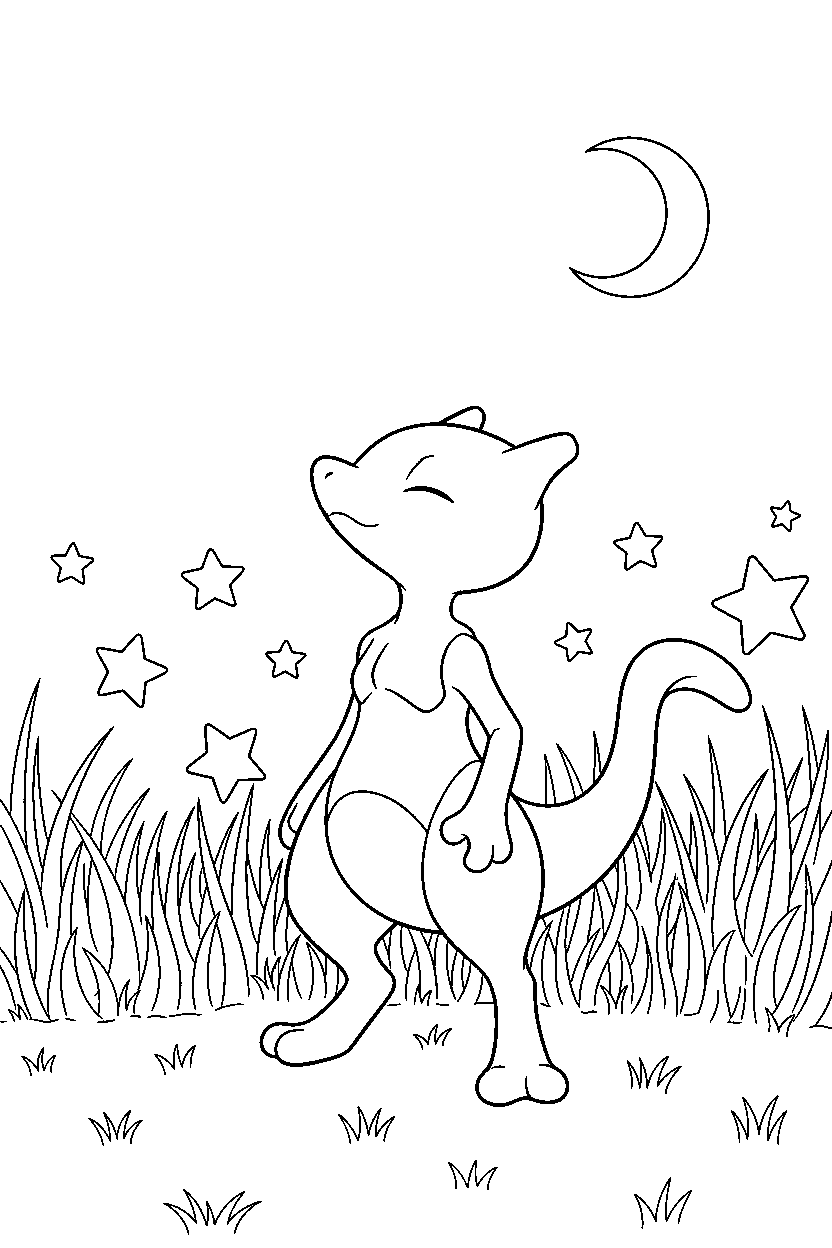 mewtwo pokemon sniffing the air on a starry night field line art
