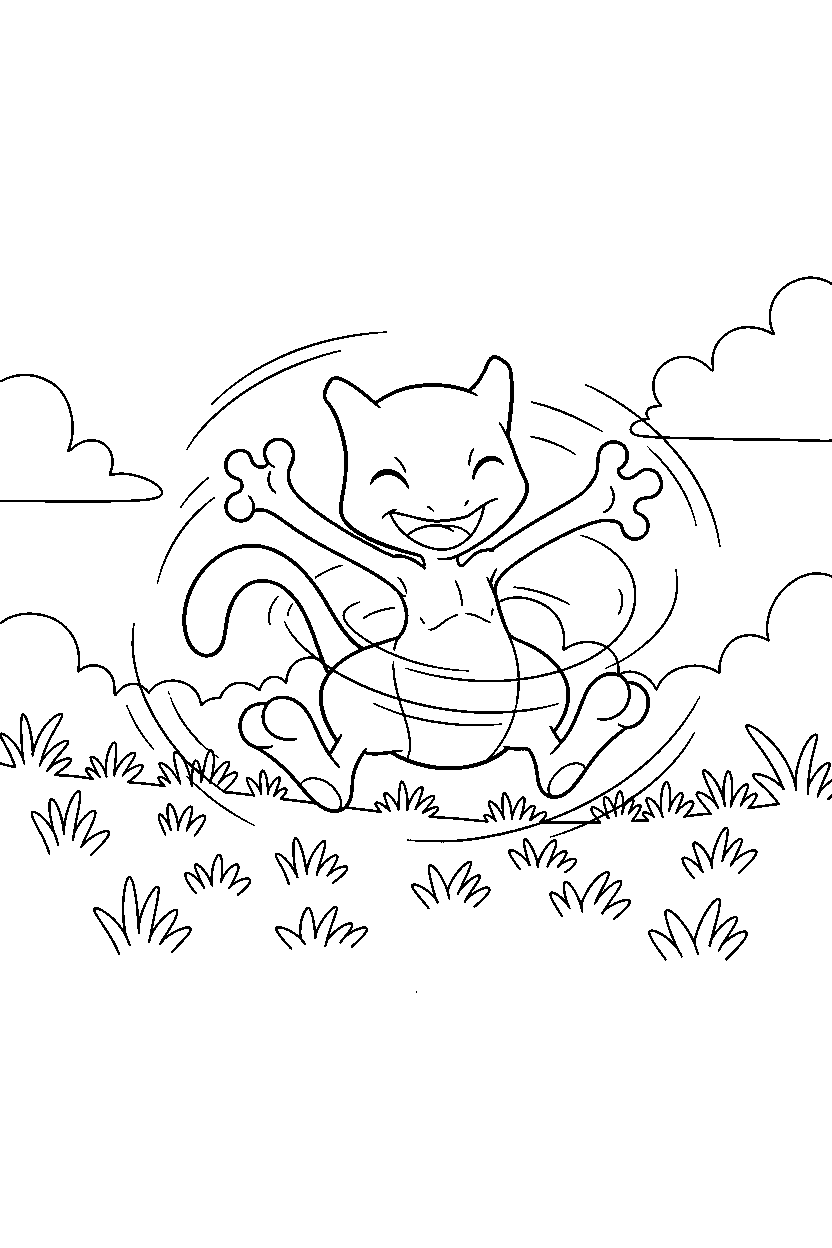 mewtwo pokemon spinning happily in a grassy field line art