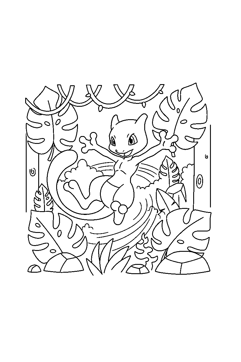 mewtwo pokemon spinning happily in a jungle line art