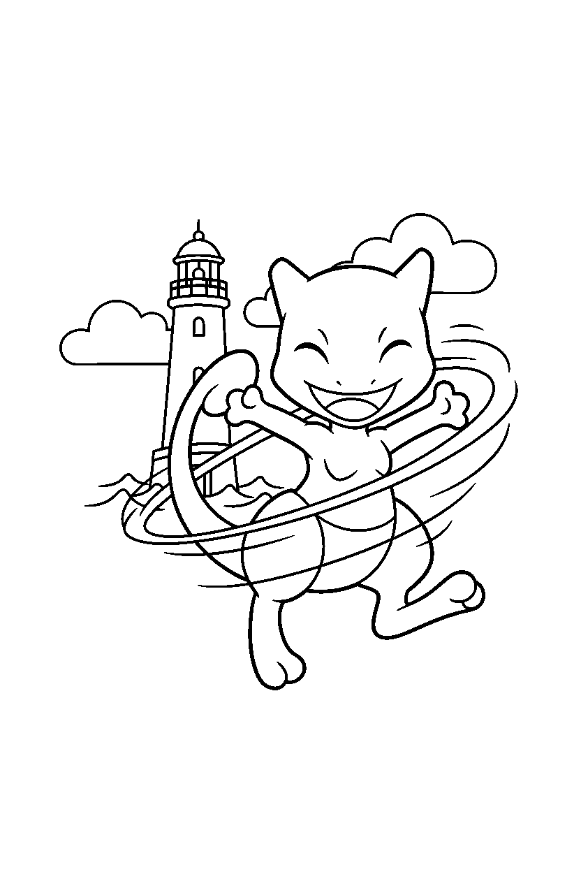 mewtwo pokemon spinning happily near a lighthouse line art