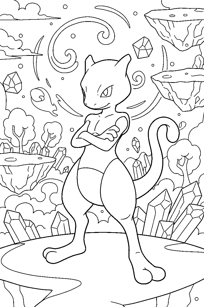 mewtwo pokemon standing proudly in a magical landscape line art