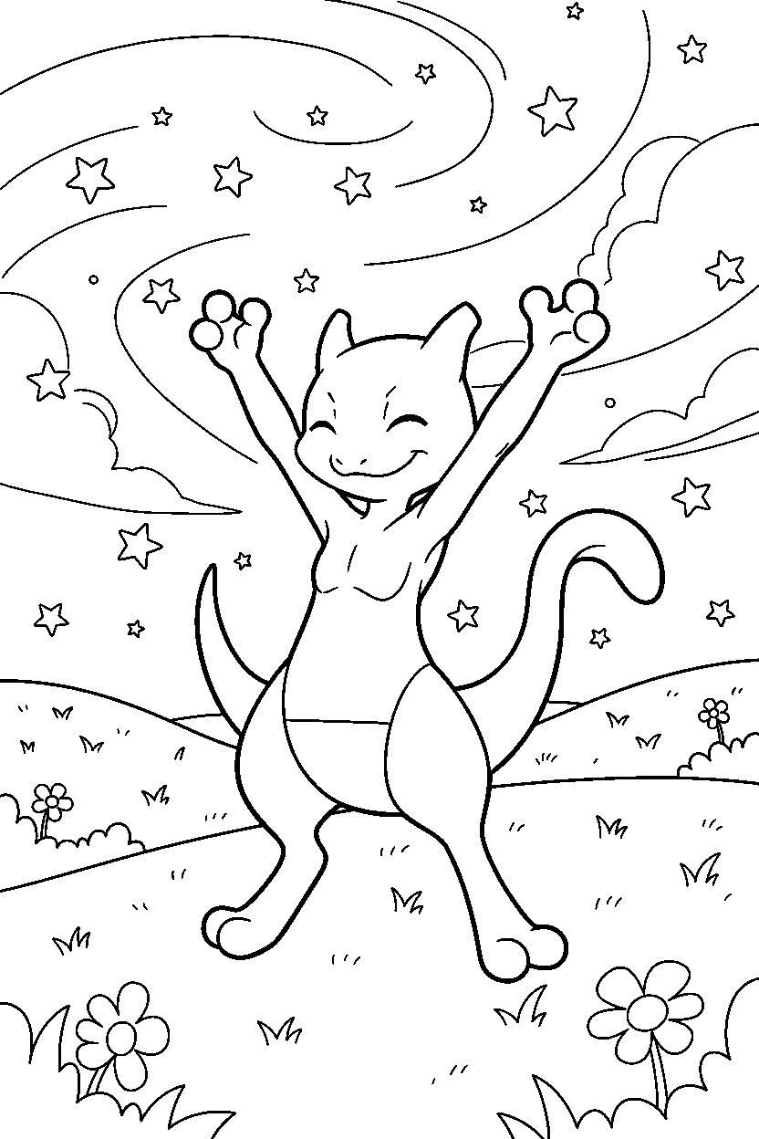 mewtwo pokemon stretching happily on a starry night field line art