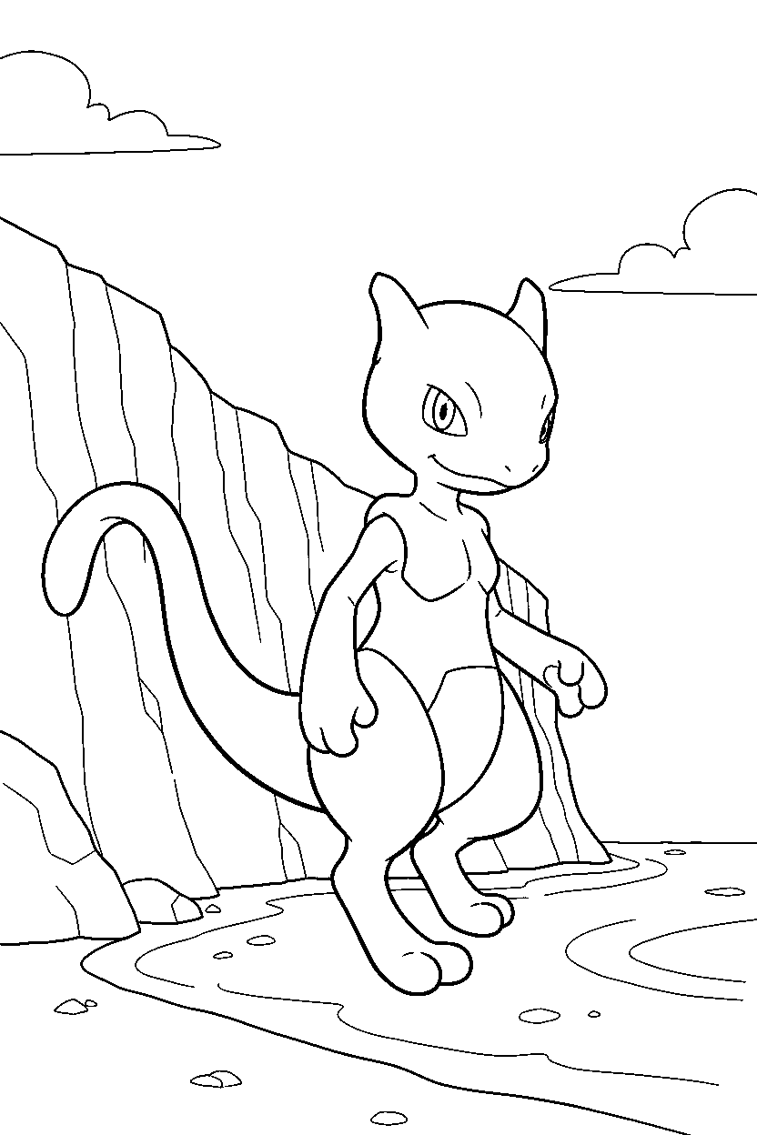 mewtwo pokemon walking gently near a seaside cliff line art