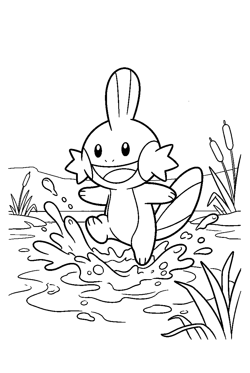 mudkip splashing through mud in a marsh line art