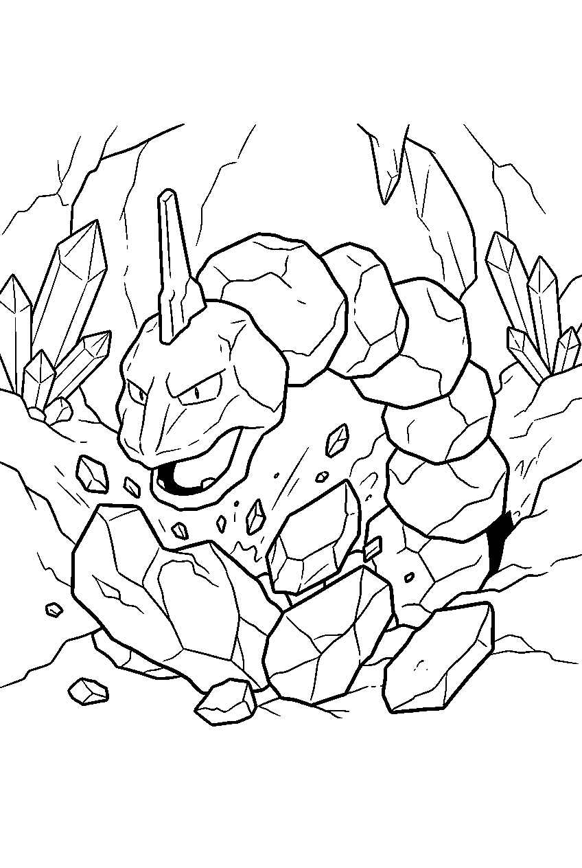 onix breaking through rocks inside a crystal cave line art